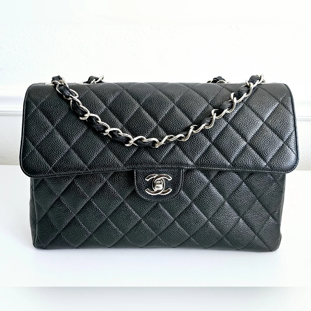 Chanel Black Quilted Caviar Leather Classic Jumbo Single Flap Bag